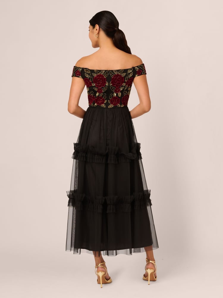Adrianna Papell Velvet Tulle Party Black Dress - Image 2 of 7