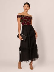 Adrianna Papell Velvet Tulle Party Black Dress - Image 3 of 7