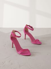 Pink Signature Premium Leather Round Toe Buckle Detail Mid Simple Sandals - Image 1 of 10