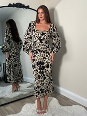 Girl In Mind Natural Leopard Mina Sweetheart Ruched Detail Midi Dress - Image 1 of 4