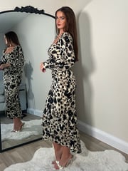 Girl In Mind Natural Leopard Mina Sweetheart Ruched Detail Midi Dress - Image 2 of 4