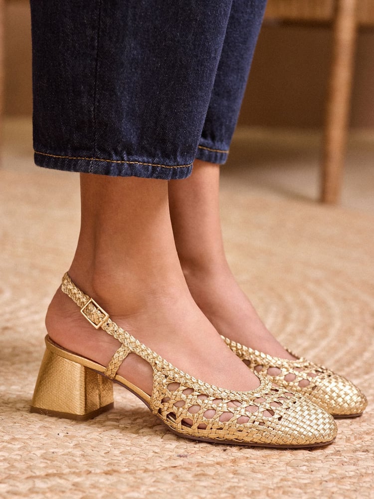 Love & Roses Gold Woven Slingback Faux Leather Low Block Heels Court Shoes - Image 1 of 5