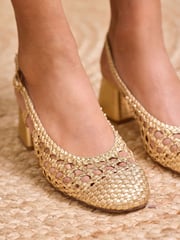 Love & Roses Gold Woven Slingback Faux Leather Low Block Heels Court Shoes - Image 2 of 5