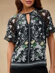 Lipsy Black Floral Ruffle Sheer Sleeve Blouse - Image 2 of 4