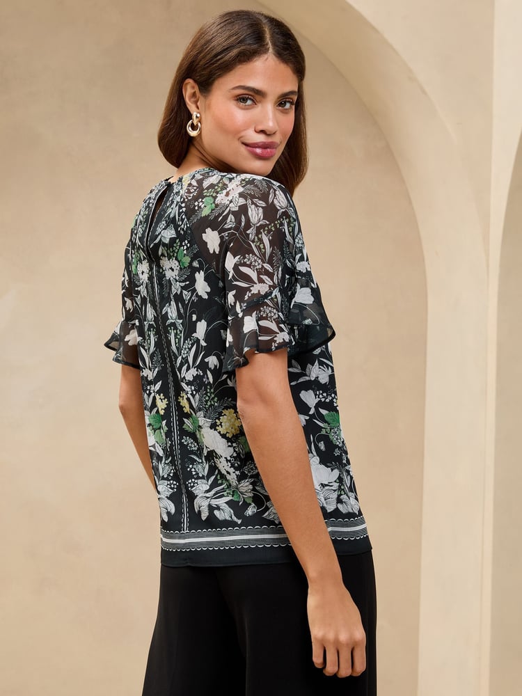 Lipsy Black Floral Ruffle Sheer Sleeve Blouse - Image 4 of 4