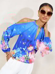 Lipsy Blue Printed Satin Cold Shoulder Top - Image 1 of 4