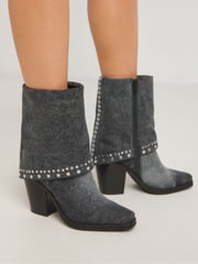 Simply Be Grey Western Cuff Studded Ankle Boots In Wide Fit - Image 1 of 4