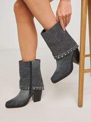 Simply Be Grey Western Cuff Studded Ankle Boots In Wide Fit - Image 3 of 4