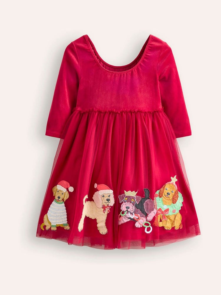 Boden Red Christmas Velvet Tulle Appliqué Dress - Image 1 of 2