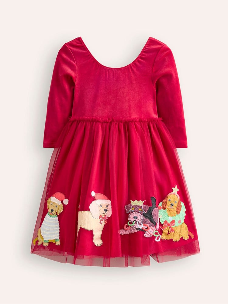 Boden Red Christmas Velvet Tulle Appliqué Dress - Image 2 of 2