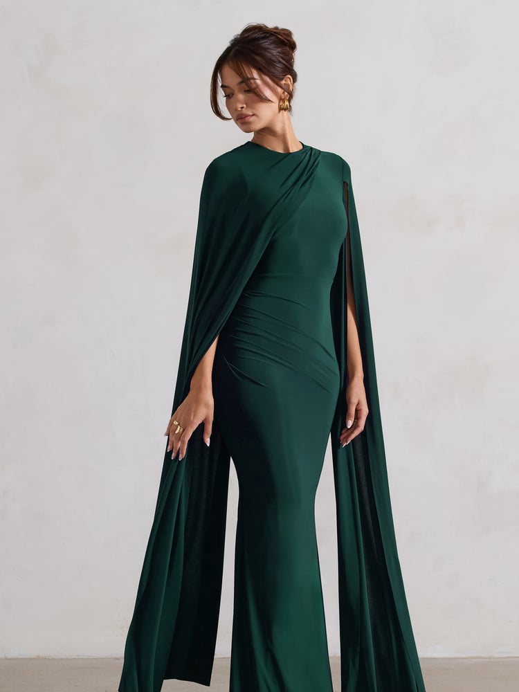 Club L London Green Magdelena Asymmetric Cape Maxi Dress - Image 1 of 5