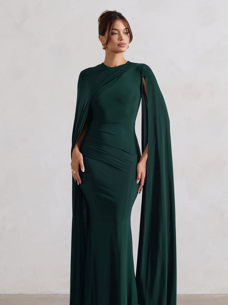 Club L London Green Magdelena Asymmetric Cape Maxi Dress - Image 2 of 5