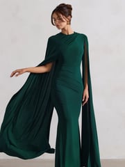 Club L London Green Magdelena Asymmetric Cape Maxi Dress - Image 3 of 5