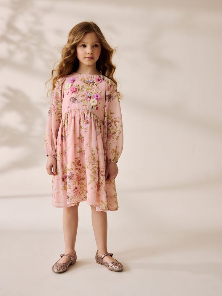 Pink Floral Long Sleeve Embellished Dress (3-10yrs) - Image 2 of 10