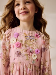 Pink Floral Long Sleeve Embellished Dress (3-10yrs) - Image 4 of 10