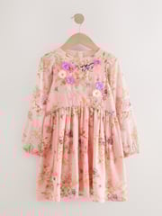Pink Floral Long Sleeve Embellished Dress (3-10yrs) - Image 5 of 10