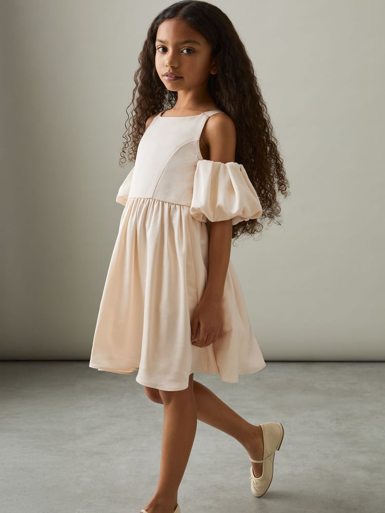 Reiss Ivory Christelle 4-9 yrs Sateen Puff-Sleeve Bridesmaid Dress - Image 1 of 5