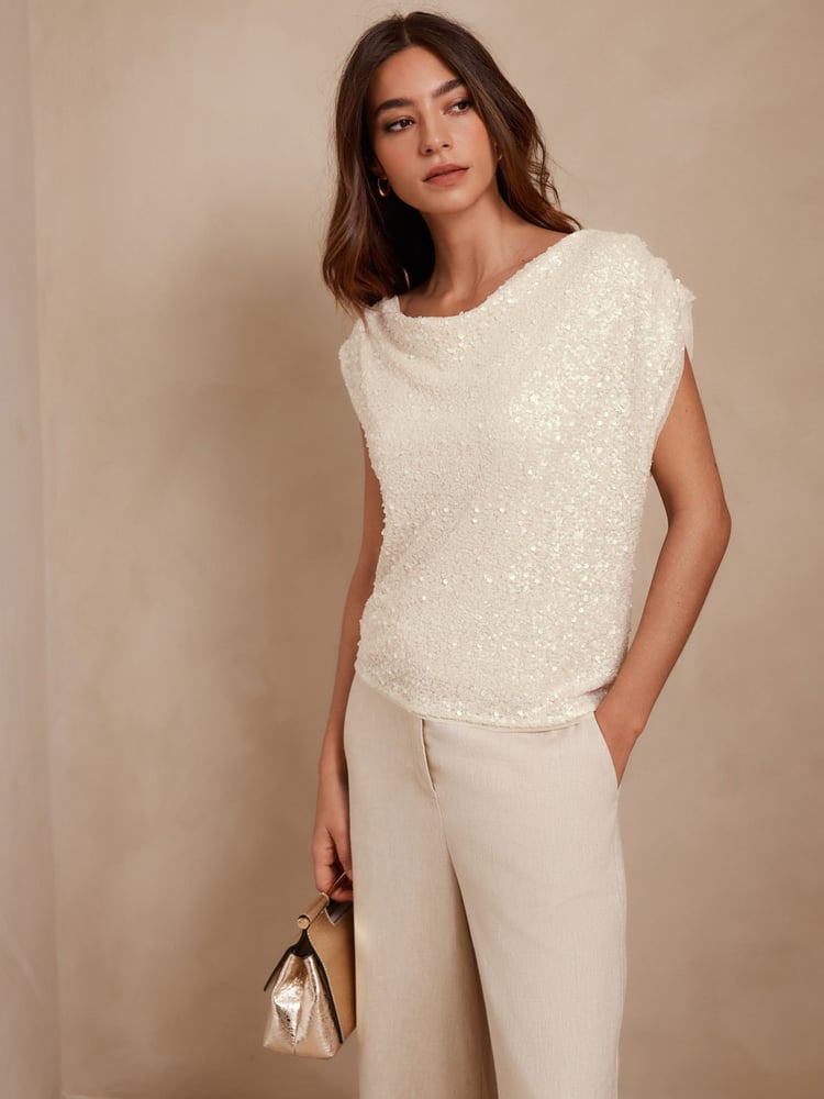 Ecru Drape Sleeveless Sequin Top - Image 1 of 8 Ecru Drape Sleeveless Sequin Top - Image 1 of 8