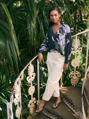 Kew Collection Navy Floral Long Sleeve V-Neck Jersey Blouse - Image 2 of 6