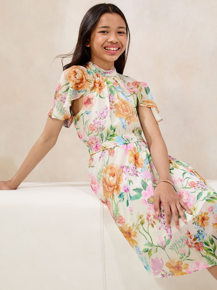 Lipsy Yellow Floral Asymetic Hem Occasion Dress (5-16yrs) - Image 2 of 5