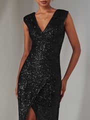 Jolie Moi Black Deja Sequin Midi Dress With Slit - Image 3 of 6