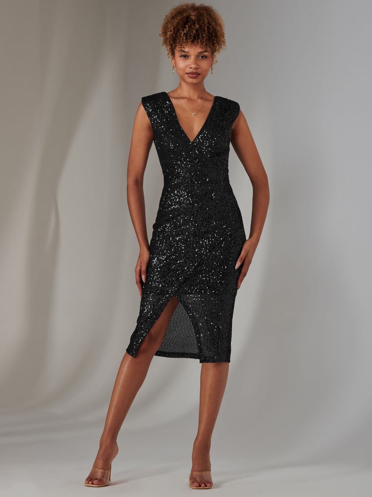 Jolie Moi Black Deja Sequin Midi Dress With Slit - Image 6 of 6