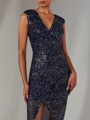 Jolie Moi Light Blue Deja Sequin Midi Dress With Slit - Image 3 of 6
