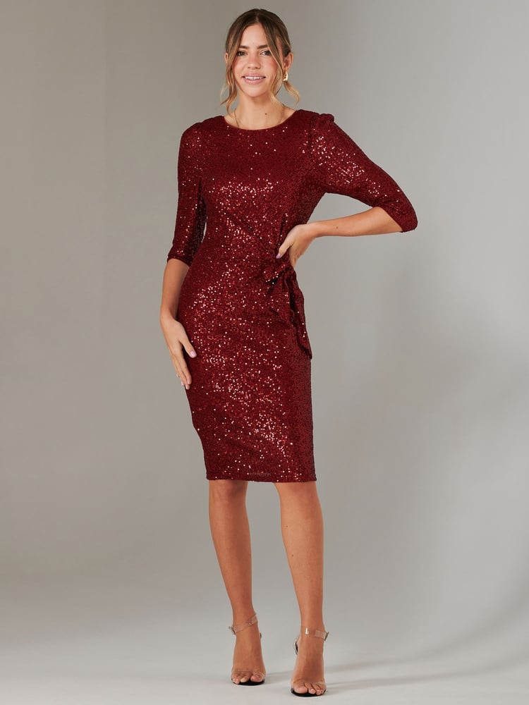 Jolie Moi Red 3/4 Sleeve Sequin Stretch Shift Dress - Image 1 of 6