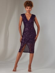 Jolie Moi Purple Deja Sequin Midi Dress With Slit - Image 4 of 6