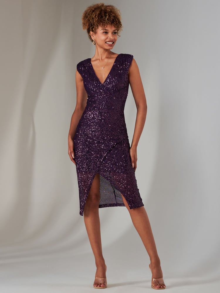 Jolie Moi Purple Deja Sequin Midi Dress With Slit - Image 6 of 6
