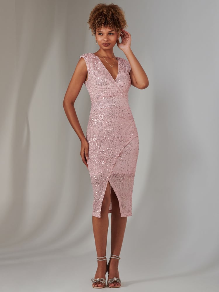 Jolie Moi Pink Deja Sequin Midi Dress With Slit - Image 6 of 6