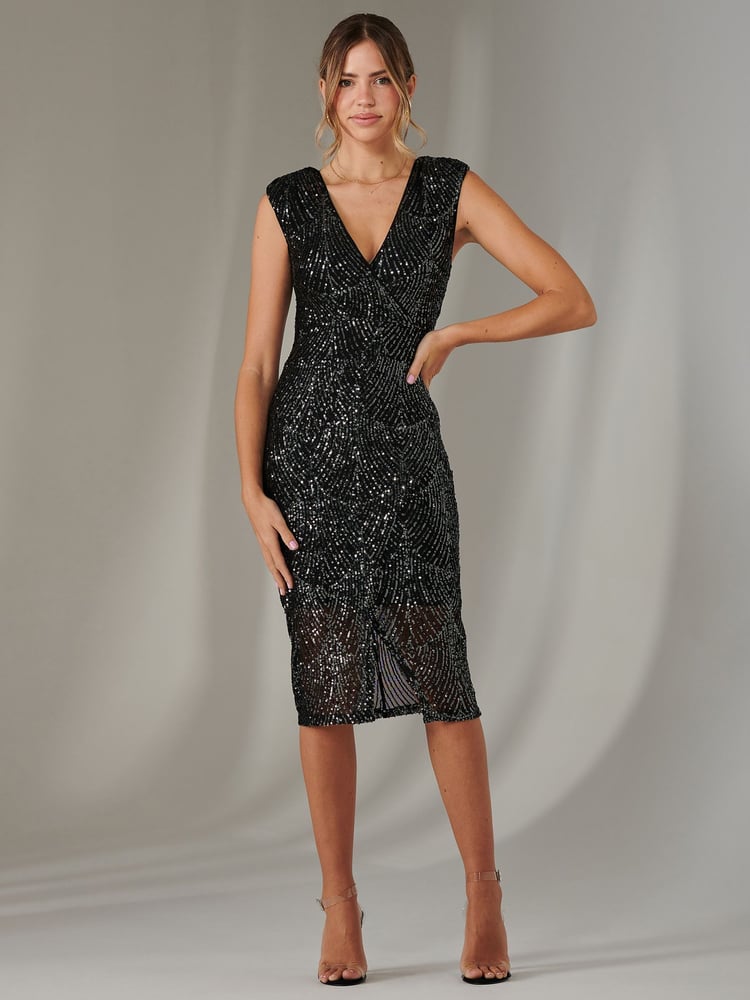 Jolie Moi Black Demi Sequin Wrap Slit Bodycon Dress - Image 1 of 6