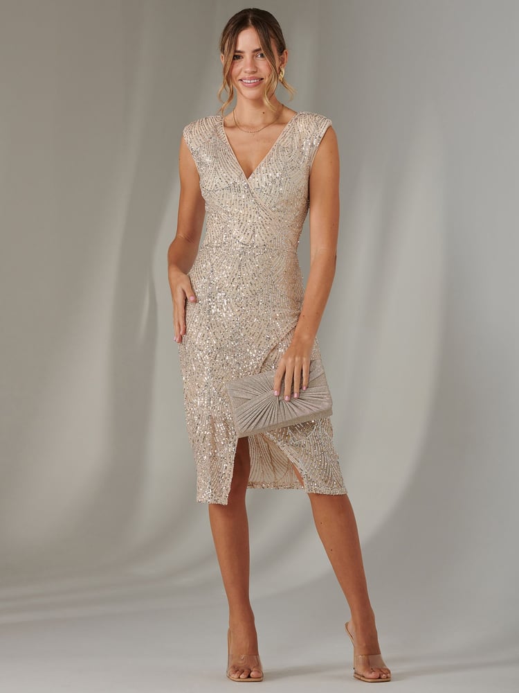 Jolie Moi Natural Demi Sequin Wrap Slit Bodycon Dress - Image 1 of 6