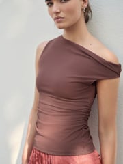 Brown Aysmmetric Shoulder Sleevless Top - Image 1 of 7