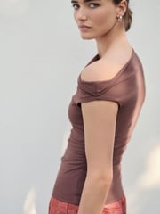 Brown Aysmmetric Shoulder Sleevless Top - Image 3 of 7