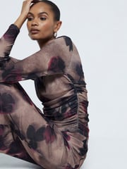 River Island Brown Floral Ruched Mesh Top - Image 2 of 6
