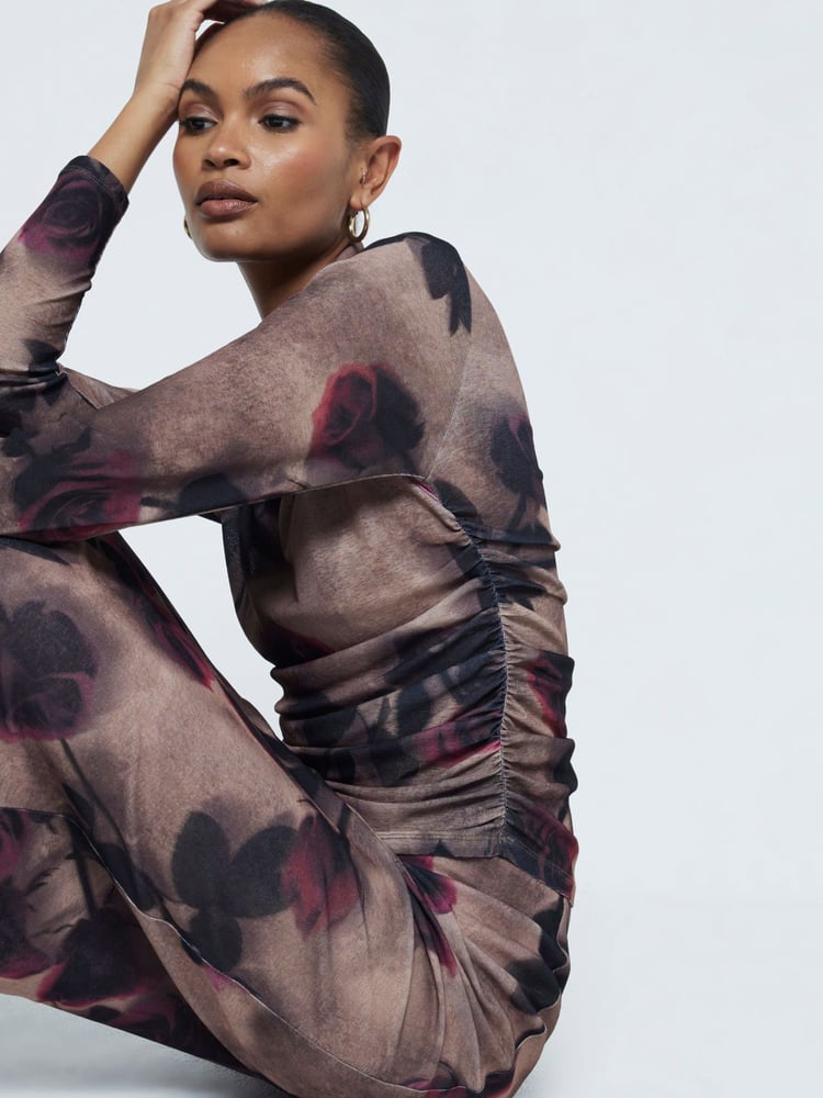 River Island Brown Floral Ruched Mesh Top - Image 2 of 6