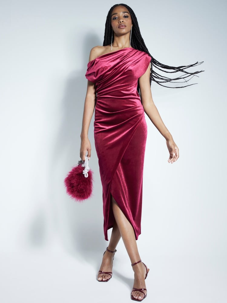 River Island Red Velvet Drape Midi Dress - Image 1 of 6 River Island Red Velvet Drape Midi Dress - Image 1 of 6