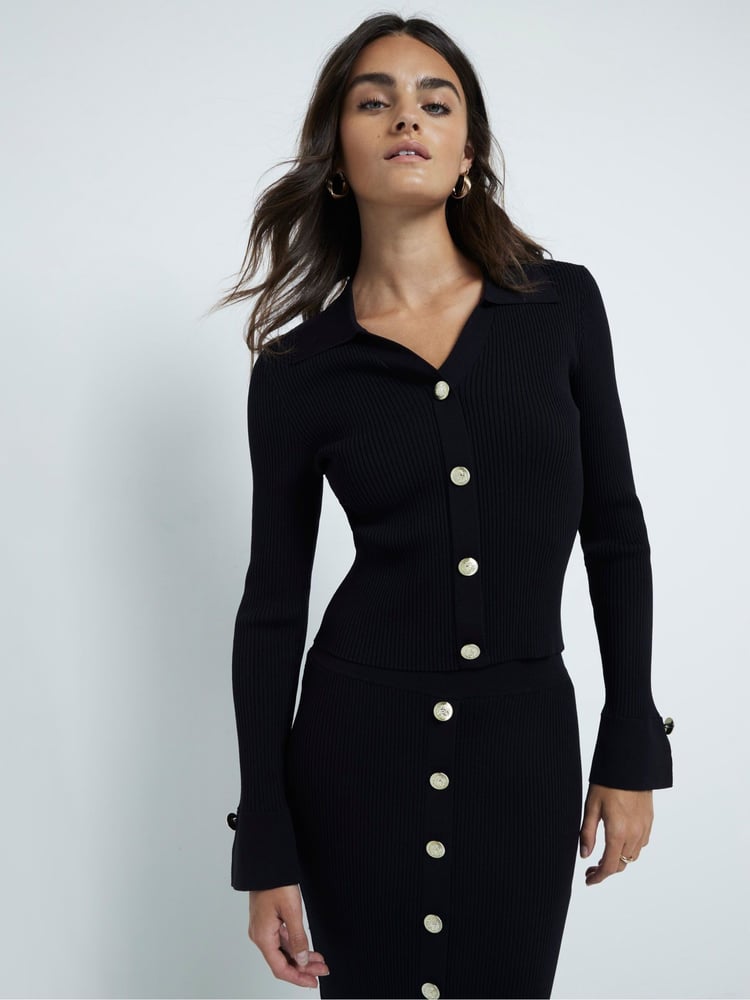 River Island Black Button Polo Top - Image 1 of 6