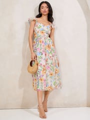 Lipsy White Floral Angel Sleeve Off the Body Square Neck Midi Dress - Image 1 of 4
