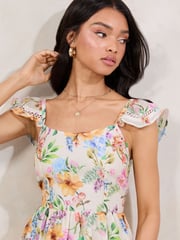 Lipsy White Floral Angel Sleeve Off the Body Square Neck Midi Dress - Image 2 of 4