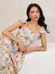 Lipsy White Floral Angel Sleeve Off the Body Square Neck Midi Dress - Image 3 of 4
