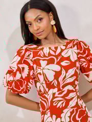 Lipsy Red Short Sleeve Gathered Waist Underbust Midi Dress - Image 2 of 5