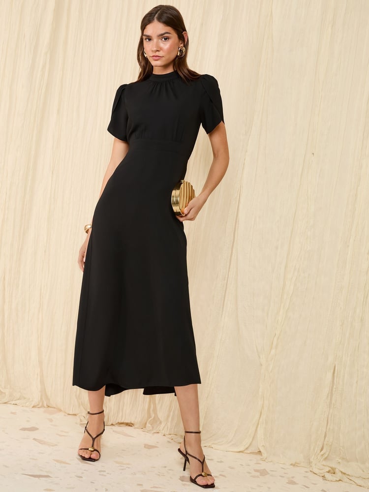 Friends Like These Black Petite High Neck Long Sleeve Midi Dress with Bow Detailing - Image 1 of 4