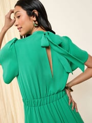 Friends Like These Green High Neck Short Sleeve Midi Dress with Bow Detailing - Image 2 of 5