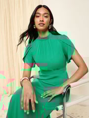 Friends Like These Green High Neck Short Sleeve Midi Dress with Bow Detailing - Image 4 of 5