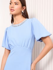 Friends Like These Blue Scuba Midi Dress With Diamante Necklace Trim - Image 2 of 5