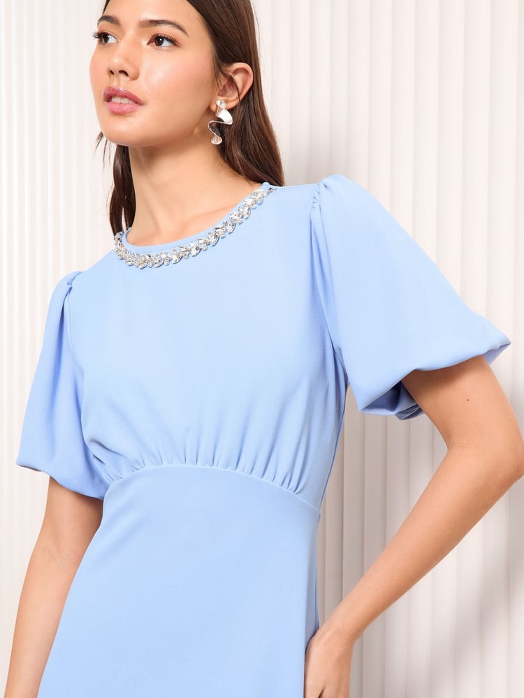 Friends Like These Blue Scuba Midi Dress With Diamante Necklace Trim - Image 2 of 5