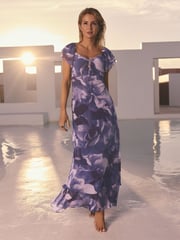 Friends Like These Purple Floral Millie Mackintosh Chiffon Frill Maxi Dress - Image 1 of 4