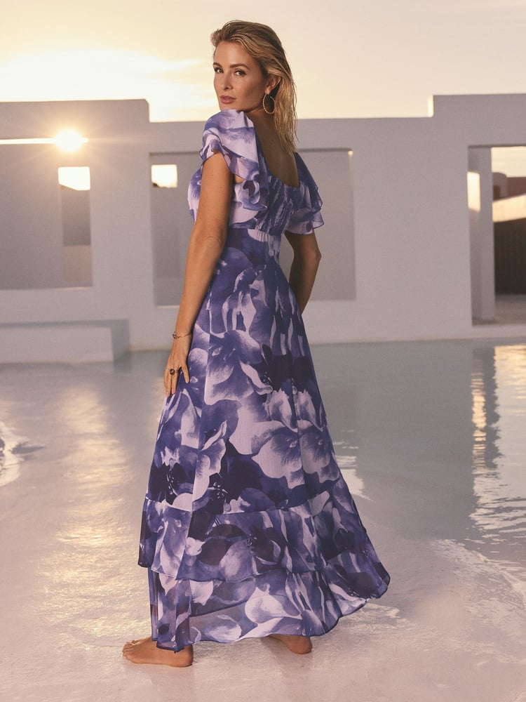 Friends Like These Purple Floral Millie Mackintosh Chiffon Frill Maxi Dress - Image 4 of 4